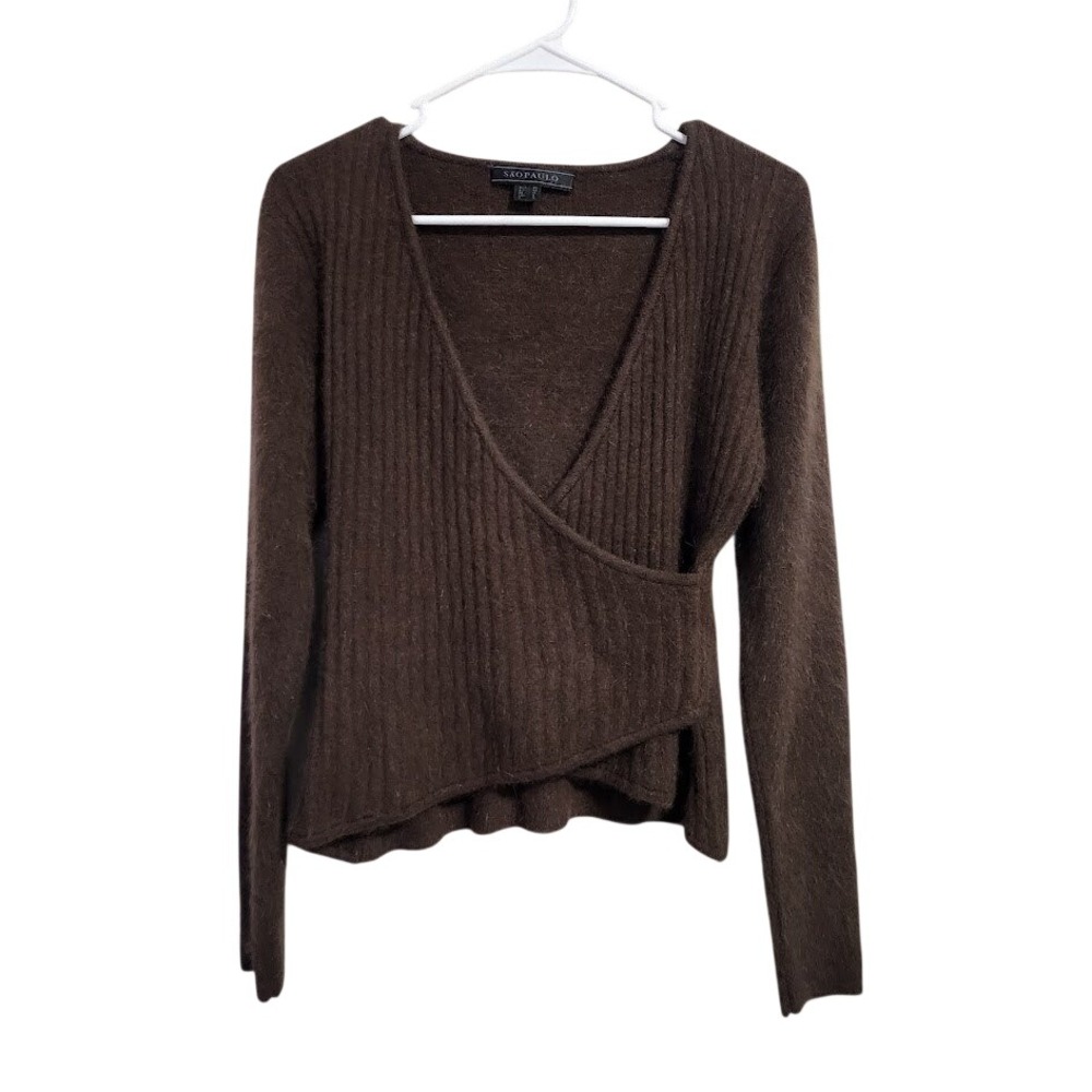 SAO PAULO Angora Wrap Sweater Brown Ribbed V-Neck knit balletcore soft girl 8